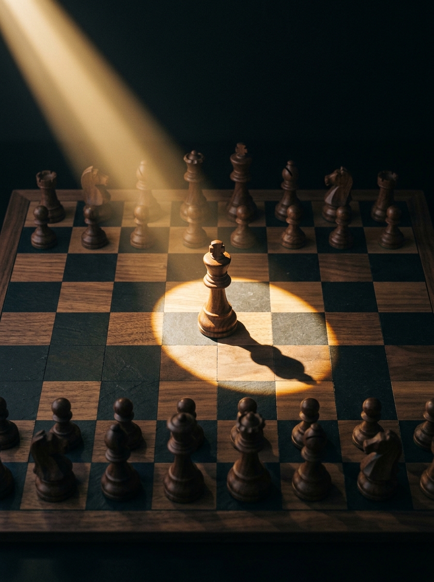 alt="Pezzo di scacchi illuminato dalla luce, simbolo di lucidità strategica e gestione delle crisi"